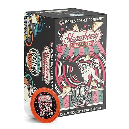 Bones Coffee Company Strawberry Cheesecake Flavored Coffee Pods, Low Acid Medium Roast Single-Serve Bones Cups, Compatible with 1.0 & 2.0 K-Cups Brewers Coffee Maker, 12 Count