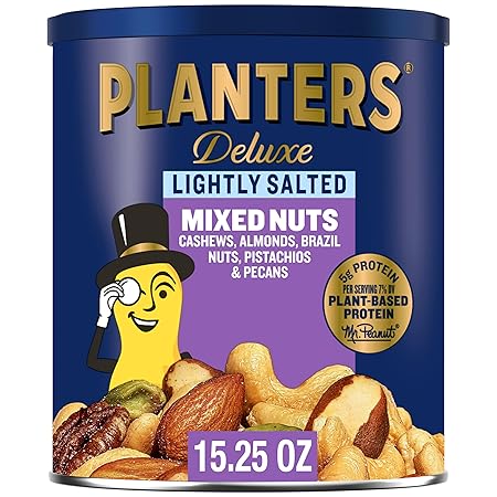 PLANTERS Deluxe Mixed Nuts, Cashews, Almonds, Brazil Nuts Mix, Pistachios, Pecans, Lightly Salted, Snacks for Adults and Kids, Party Snack, 15.25oz