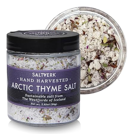 Saltverk Artic Thyme Sea Salt - Gourmet, Icelandic, Hand Harvested and Sustainably Made - 2.82 Oz Jar