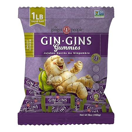 GIN GINS Sweet Ginger Gummies – Natural Fresh Ginger Candy by The Ginger People – Sweet Ginger Gummies Flavor – Large 1 lb Bag (16oz) – Pack of 1