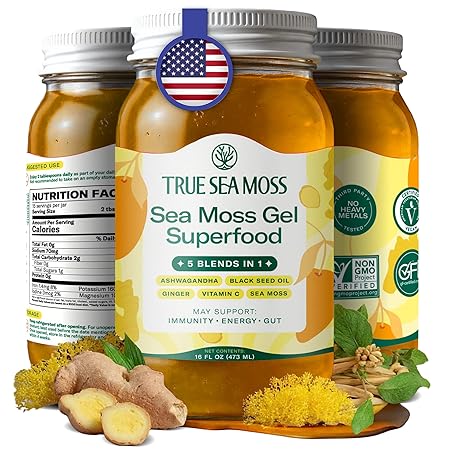 TrueSeaMoss Sea Moss Gel – Made in USA – 5-in-1 Formula – Wildcrafted Seamoss, Ashwagandha & Vegetables – Ashwagandha, Pack of 1 (Labels May Vary)