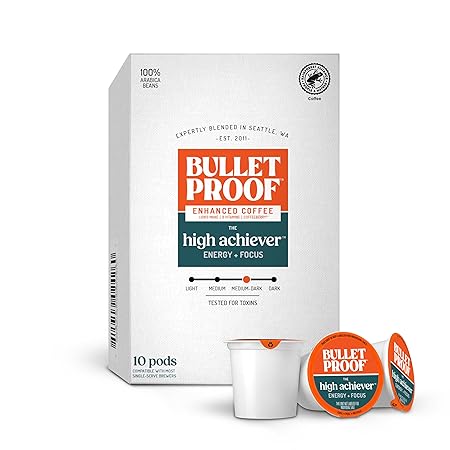 Bulletproof The High Achiever Single-Serve Pods, 10 count, Medium-Dark Roast Enhanced Coffee with Lion's Mane Mushroom, B Vitamins, and Adaptogens for Energy and Focus, Packaging May Vary
