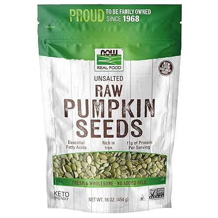 NOW Foods, Pumpkin Seeds, Raw and Unsalted, Essential Fatty Acids, Rich in Iron, Excellent Source of Protein, Certified Non-GMO, 1-Pound (Packaging May Vary)