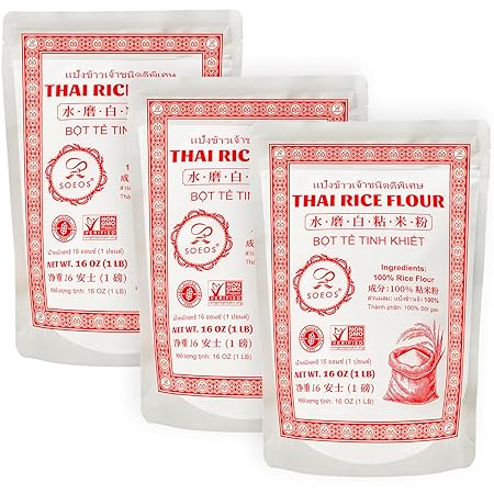 Soeos Thai Rice Flour 48 Ounce (Basic), 1 Pound(Pack of 3), Rice Flour for Baking or Cooking, All Natural White Rice Flour for Sourdough Bread, Vegan, Gluten-Free
