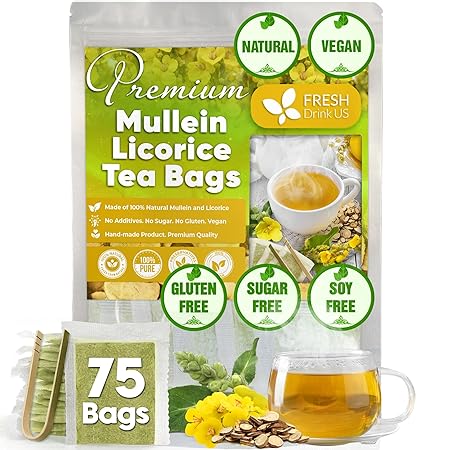 FreshDrinkUS, Premium 75 Mullein Licorice Tea Bags, 100% Natural, Blend of Mullein Leaves, and Licorice Root. Made with Natural Material Tea Bags. No Sugar, Vegan.
