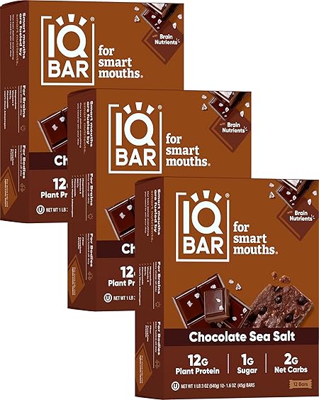 IQBAR Brain and Body Plant Protein Bars - Chocolate Sea Salt - 36-Count Low Carb - Gluten Free, High Fiber, Vegan Snacks - Low Sugar Meal Replacement