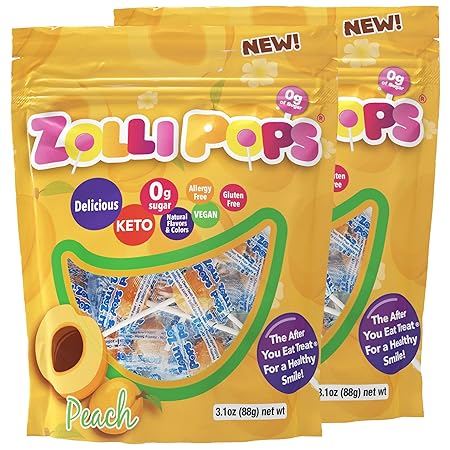 Zollipops Clean Teeth Pops Sugar Free Candy with Xylitol, Dye-Free Lollipops - Keto & Diabetic-Friendly, Dentist-Approved Treats for Kids (Peach, 3.1 oz, Pack of 2)