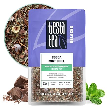 Tiesta Tea Cocoa Mint Chill Loose Leaf Tea, Chocolate Peppermint Herbal Rooibos Blend, Non-Caffeinated, Real Fruit, Herbs, Spices, Hot or Iced Brew, Makes Up to 25 Cups, Resealable Pouch, 1.5 Ounce