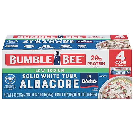 Bumble Bee Low Sodium Solid White Albacore Tuna in Water, 5 oz Can (Pack of 4) - Wild Caught Tuna - 29g Protein per Serving, High in Omega-3s - Non-GMO Project Verified, Gluten Free, Kosher