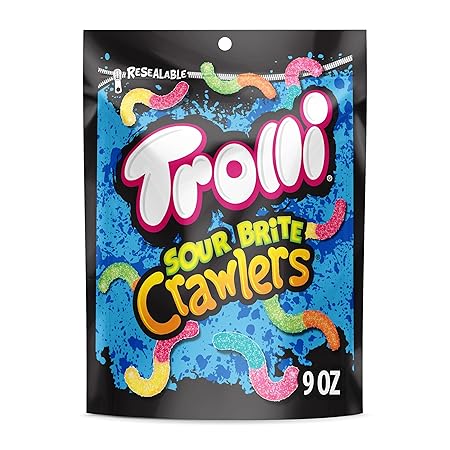 Trolli Sour Brite Crawlers, Candy, Cherry-Lemon, Strawberry-Grape & Orange-Lime, Sweet and Sour, Gummy Worms, 9 oz