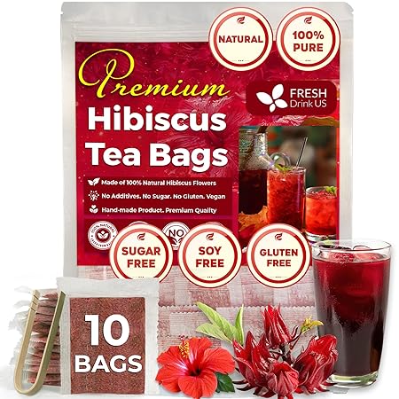 FreshDrinkUS, Premium 10 Hibiscus Flowers Tea Bags, 100% Natural, Pure from Hibiscus Flowers. Loose Flower Herbal Tea. No Sugar, No Caffeine, No Gluten, Vegan.