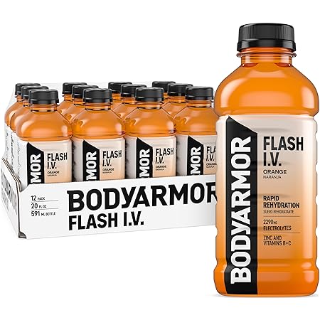 BODYARMOR Flash I.V. Electrolyte Beverage, Orange, Hydration Drink with Coconut Water For Rapid Rehydration, Post Workout Recovery, 20 Fl Oz (Pack of 12)