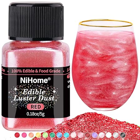 NiHome Edible Food-Grade Glimmer Powder Glitter Luster Dust Metallic Food Decorating Sprinkle Glimmery Dust for Drink Wine Beverage Cake Candy Dessert Bakery Restaurant Vegan (0.18oz/5g, Red)