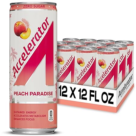 Accelerator Energy Drink Sugar Free, Peach Paradise 12oz can(12 pack)Zero Sugar Energy Drinks with Sustained Energy from 100% Natural Caffeine (200mg) & Green Tea extract