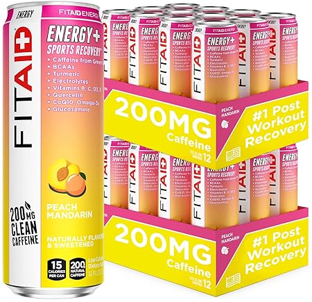 FITAID ENERGY, 200mg Natural Caffeine, Keto, Peach Mandarin, Optimum Performance Formula: BCAAs, Quercetin, Electrolytes, Omega-3s, 15 calories, Paleo, Vegan & Gluten-Free, 12-oz. cans 12 Count (Pack of 2)