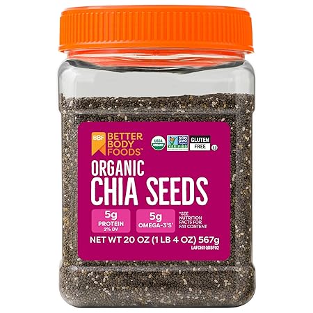 BetterBody Foods Organic Chia Seeds with Omega-3, Non-GMO, Gluten Free, Keto Diet Friendly, Vegan, Good Source of Fiber, Add to Smoothies, 1.25lb