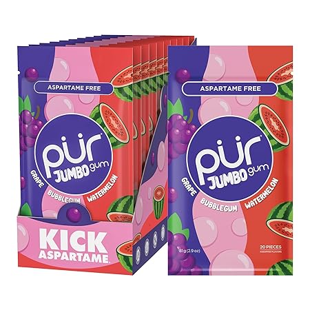 PUR Jumbo Gum | Aspartame Free Chewing Gum | 100% Xylitol | Natural Bubblegum, Grape, Watermelon Flavor, 20 Pieces (Pack of 10)