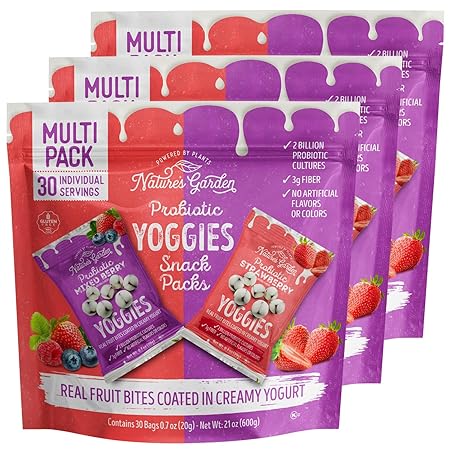 Nature's Garden Probiotic Variety Pack Yoggies 21oz (30 x 0.7oz) Pack of 3 (Strawberry Yoggies 15x0.7 oz +Mixed Berry Yoggies 15x0.7 oz) Yogurt Covered Fruit Snacks, High Fiber, Real Fruit Pieces, Office Snack Variety Packs For Adults, Gluten Free