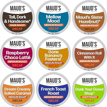 Maud's Decaf Coffee Pods Variety Pack, 80 ct, 9 Assorted Roasts & Flavors, Decaffeinated Medium Roast Coffee in Recyclable Single Serve Pods - 100% Arabica Coffee, Compatible with Keurig K Cups Maker