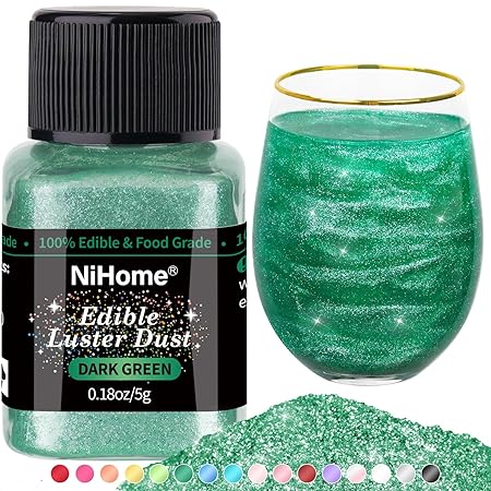 NiHome Edible Food-Grade Glimmer Powder Glitter Luster Dust Metallic Food Decorating Sprinkle Glimmery Dust for Drink Wine Beverage Cake Candy Dessert Bakery Restaurant Vegan (0.18oz/5g, Dark Green)