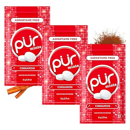 PUR Mints | Aspartame Free Breath Mints | Made with Xylitol | Sugar Free, Vegan, Gluten Free | Natural Cinnamon Flavor | 65 Pieces in Re-Sealable pouch (Pack of 3)