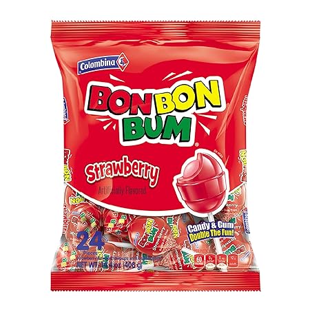 Colombina Bon Bon Bum Lollipops Strawberry Flavor, 24 Count (Pack of 1)
