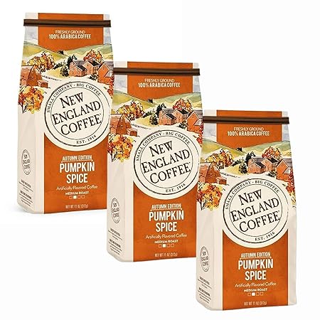 New England Coffee Pumpkin Spice Medium Roast Ground Coffee, 11oz Bag (Pack of 3)
