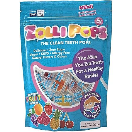 Zollipops Clean Teeth Pops Sugar Free Candy with Xylitol, Dye-Free Lollipops - Keto & Diabetic-Friendly, Dentist-Approved Treats for Kids (Assorted Fruit, 8 oz)