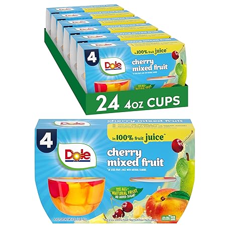 Dole Fruit Bowls Cherry Mixed Fruit in 100% Juice Snacks, 4oz 24 Total Cups, Gluten & Dairy Free, Bulk Lunch Snacks for Kids & Adults