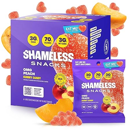 Shameless Snacks - Healthy Low Calorie Snacks, Low Carb Keto Gummies (Gluten Free) - 6 Pack OMG Peach