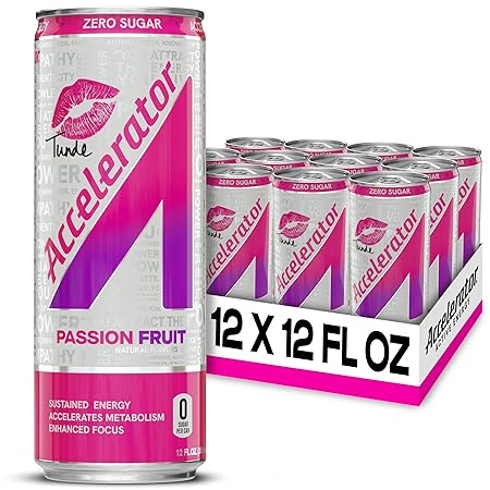 Accelerator Energy Drink Sugar Free, Passion Fruit Tunde 12oz can(12 pack), Zero Sugar Energy Drinks with Sustained Energy from 100% Natural Caffeine (200mg) & Green Tea extract