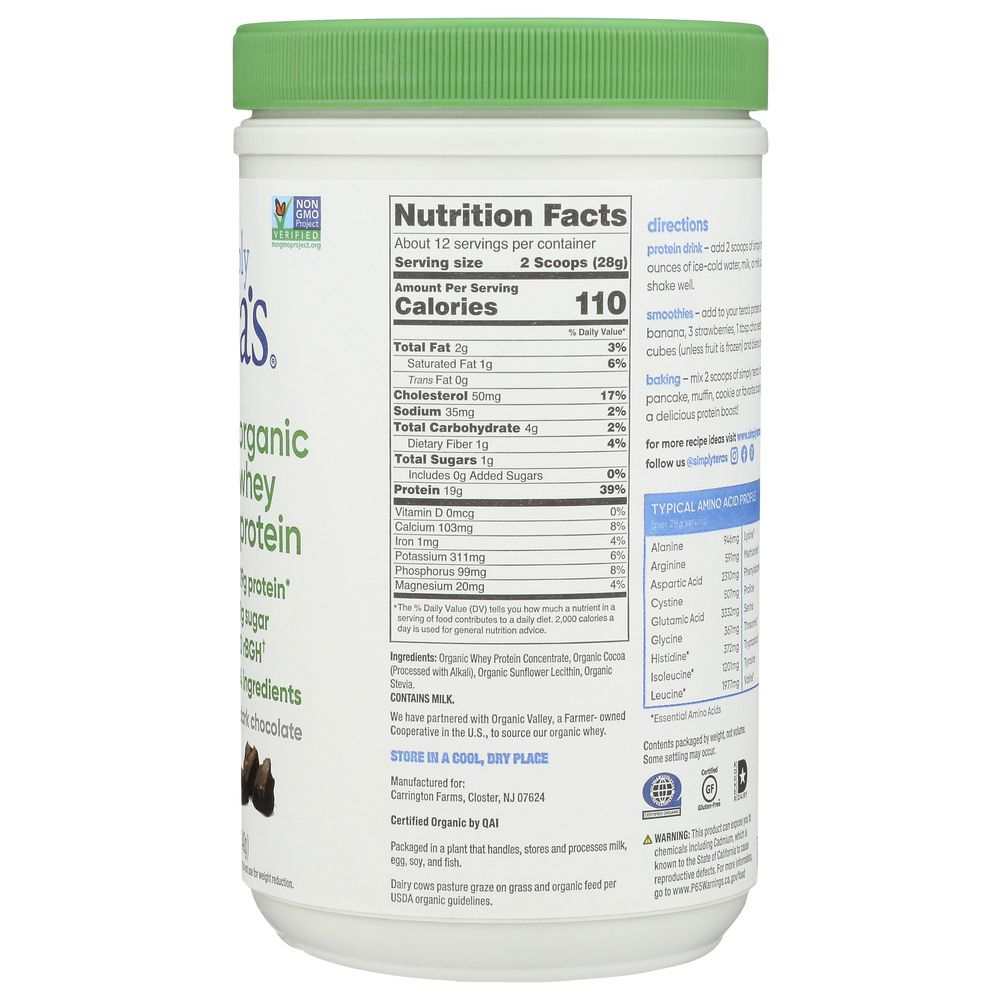 TERA'S WHEY: Grass Fed Organic Whey Protein Fair Trade Dark Chocolate, 12 oz