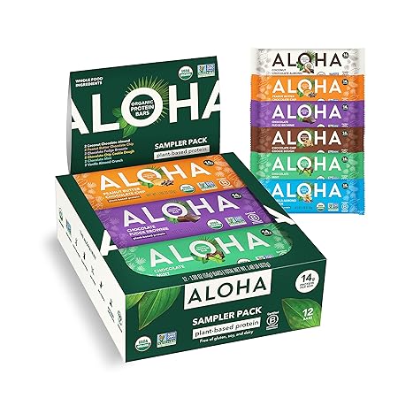 ALOHA Organic Plant Based Protein Bars - 6 Flavor Variety Pack - 12 Count, 1.9oz Bars - Vegan Snacks, Low Sugar, Gluten-Free, Low Carb, Paleo, Non-GMO, Stevia-Free, No Sugar Alcohol Sweeteners