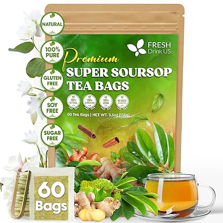 FreshDrinkUS, Super Soursop Herbal Tea – 60 Tea Bags | Soursop, Ginger, Turmeric, Lemongrass, Cinnamon, Black Pepper & Peppermint | Caffeine-Free, Natural Flavor, Plant-Based Blend | Sugar-Free