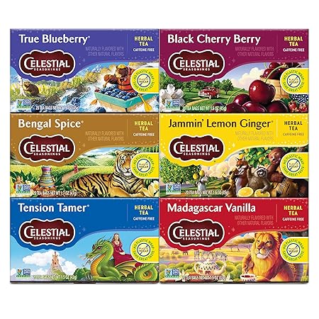 Celestial Seasonings Herbal Tea Variety Pack, Herbal Tea Set with Rooibos, Blueberry, Tension Tamer, Cherry Berry, Bengal Spice, and Lemon Ginger Tea, 20 Caffeine Free Tea Bags Each (Pack of 6)