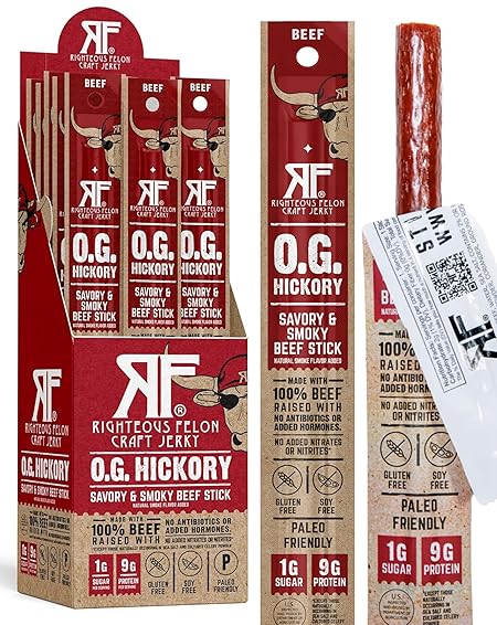 Righteous Felon Meat Sticks | 100% Beef Sticks | Gluten Free & Keto Meat Sticks | Low Sugar & High Protein Beef Sticks | Healthy Snack for Adults | Jerky Gifts for Men | OG Hickory, 24 Pack