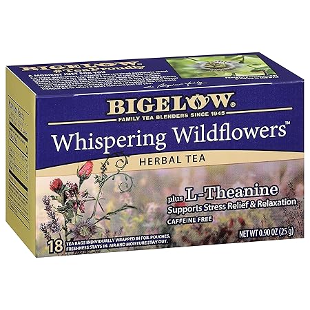 Bigelow Whispering Wildflowers Herbal Tea Plus L-Theanine, Supports Stress Relief & Relaxation, Caffeine-Free, Kosher, Gluten Free & Non-GMO, 18 Tea Bags, 0.9 Ounce (Pack of 6)