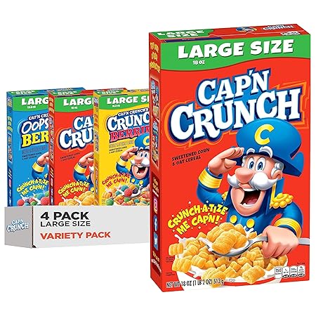 Cap'n Crunch Cereal, 3 Flavor Variety Pack, Large Size Boxes, (4 Pack)