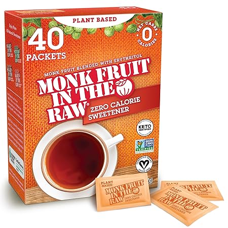 MONK FRUIT IN THE RAW, Natural Monk Fruit Sweetener w/ Erythritol, Sugar-Free, Keto, Gluten Free, Zero Calorie, Low Carb, Vegan Sugar Substitute, 40 Count Packets (Pack of 1)