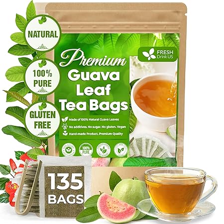 FreshDrinkUS, Premium 135 Guava Leaf Tea Bags, Handmade, From Great Origin, 100% Natural and Pure. Guava Tea, Loose Leaf Herbal Tea. No Sugar/Caffeine/Gluten, Vegan.