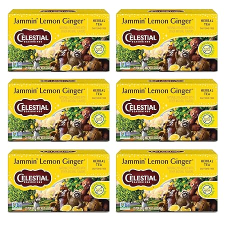 Celestial Seasonings Jammin' Lemon Ginger Herbal Tea, Caffeine Free, 20 Tea Bags Box (Pack of 6)