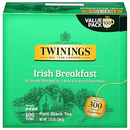 Twinings Irish Breakfast Black Tea Individually Wrapped Bags, 100 Count (Pack of 1), Flavourful, Bold, and Robust, Caffeinated, Enjoy Hot or Iced, 100 Teabags