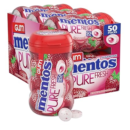 Mentos Pure Fresh Sugar-Free Chewing Gum with Xylitol, Strawberry, 50 Piece Bottle (Bulk Pack of 6)