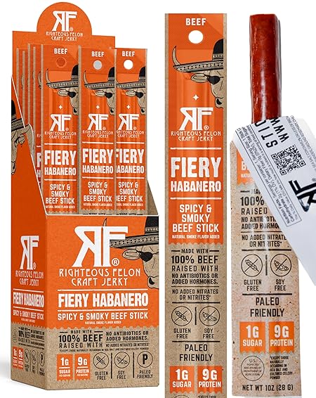 Righteous Felon Meat Sticks | 100% Beef Sticks | Gluten Free & Keto Meat Sticks | Low Sugar & High Protein Beef Sticks | Healthy Snack for Adults | Jerky Gifts for Men | Fiery Habanero, 24 Pack