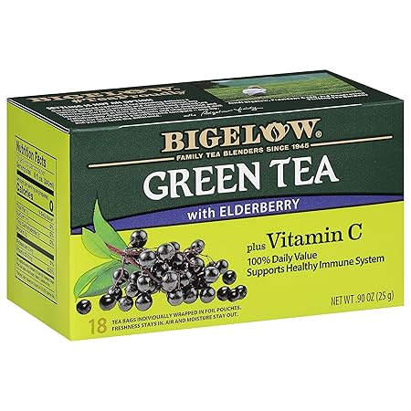Bigelow Tea Green Tea with Elderberry Plus Vitamin C, Caffeinated Tea with Elderberry, 18 Count Box (Pack of 6), 108 Total Tea Bags