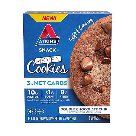 Atkins Double Chocolate Chip Protein Cookie, Protein Dessert, Rich in Fiber, 3g Net Carbs, 1g Sugar, Keto Friendly, 4 Count