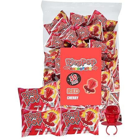Ring Pop Red Halloween Candy Lollipops, 30 Ct Bulk Individually Wrapped in Red Cherry Flavor, Full Size, Fun Hard Candy For Birthday, Party Favors, Trick or Treat, Halloween Bowls, Gifts For Kids