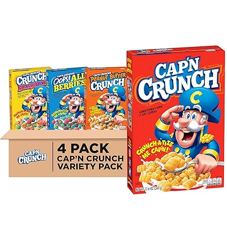 Quaker Cap'n Crunch Breakfast Cereal, 4 Flavor Variety Pack, (4 Pack), Sweetened Corn & Oat Cereal Original, Crunch Berries, Oops All Berries, Peanut Butter