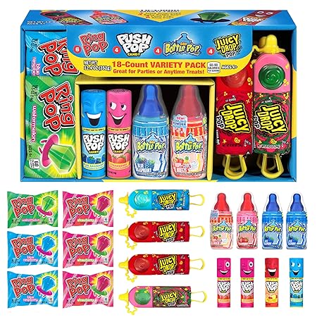 Halloween Candy Variety Pack, 18Ct Assorted Lollipops, Bulk Individually Wrapped Ring Pop, Push Pop, Baby Bottle Pop & Juicy Drop, Birthday Party Favors, Trick or Treat, Halloween Bowls, Kids Gifts