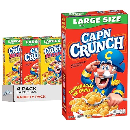 Cap'n Crunch Cereal, Original & Crunch Berries Variety Pack, Large Size Boxes, (4 Pack)